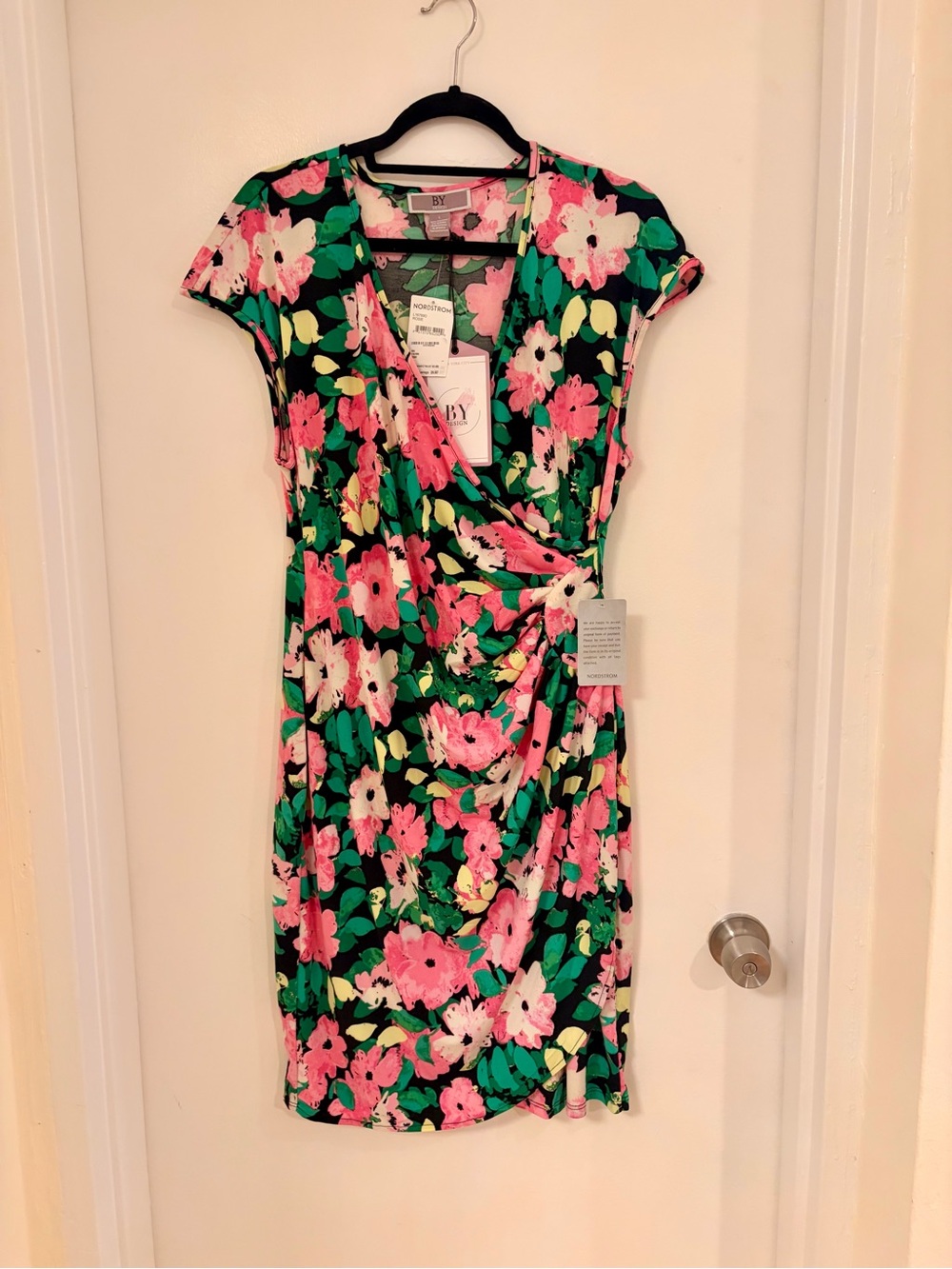 BY Floral Wrap Midi Dress in Black and Pink, L